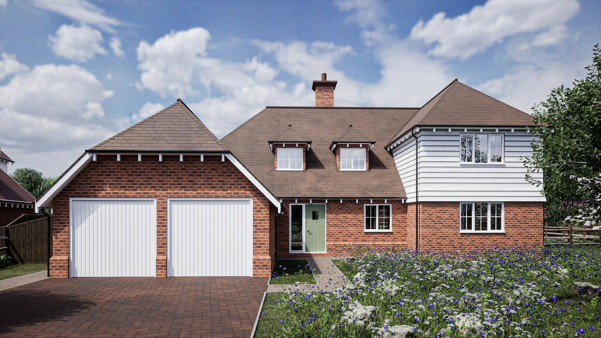 Premium UK detached home at dusk with a slate roof, lit windows and manicured lawn